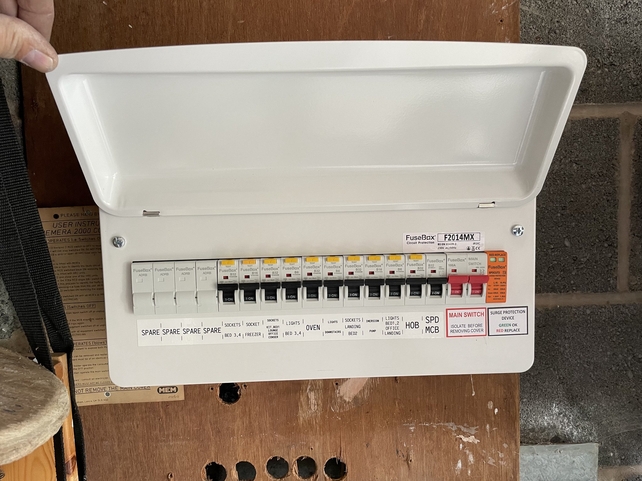 A top of the range RCBO fuse board with surge protection, cover open
