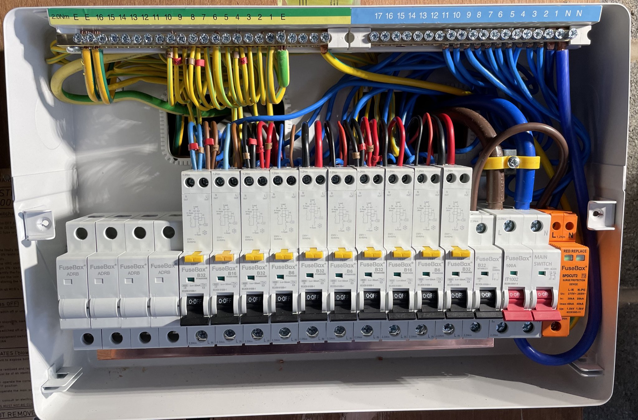 Inside a newly installed consumer unit with neatly dressed wiring and RCBOs
